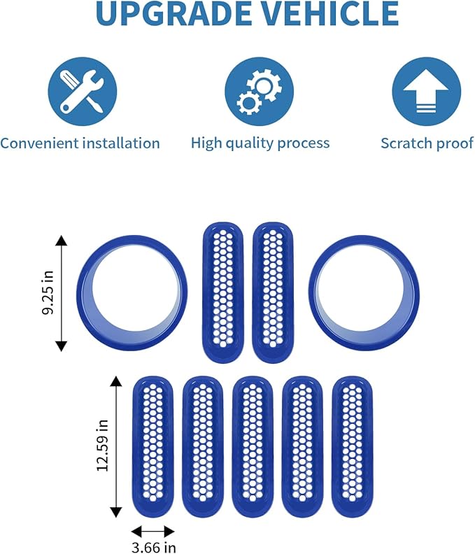 for Jeep JK Front Grille Inserts & Headlight Cover Trim Ring for Jeep Wrangler JK JKU 2007-2017 Blue Exterior Accessories 9pcs