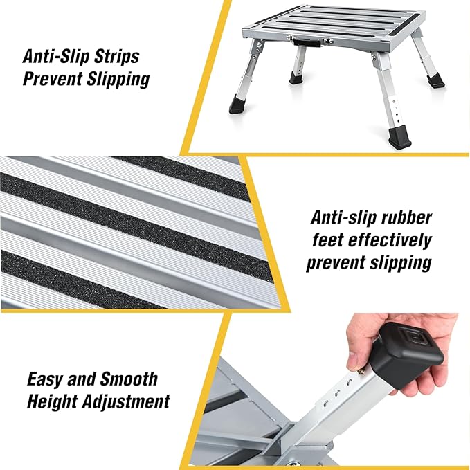 Nilight RV Step Stool Aluminum Folding Platform Steps 19x14.5 RV Steps 4 Levels Adjustable Step Stool with Anti-Slip Surface Rubber Feet Handle Supports Up to 500lbs for Camper Travel Trailer, Silver