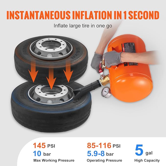 VEVOR Tire Bead Seater, 5 Gal/19L Air Tire Bead Blaster with Pressure Gauge & Handle, 145 PSI Seating Tool Inflator Tank, 85-116 PSI Operating Pressure for Car Truck ATV
