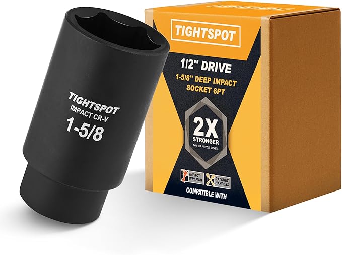 TIGHTSPOT 1/2 Inch Drive 1-5/8 Inch Deep Impact Socket with Anti-Rounding 6 Point Design, Heat-Treated CRV Steel