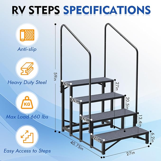 4-Step RV Steps with Dual Handrails, Heavy-Duty Mobile Home Steps, RV Stairs for Camper, Hot Tub, Pool, Trailer & Porch with Non-Slip Mats