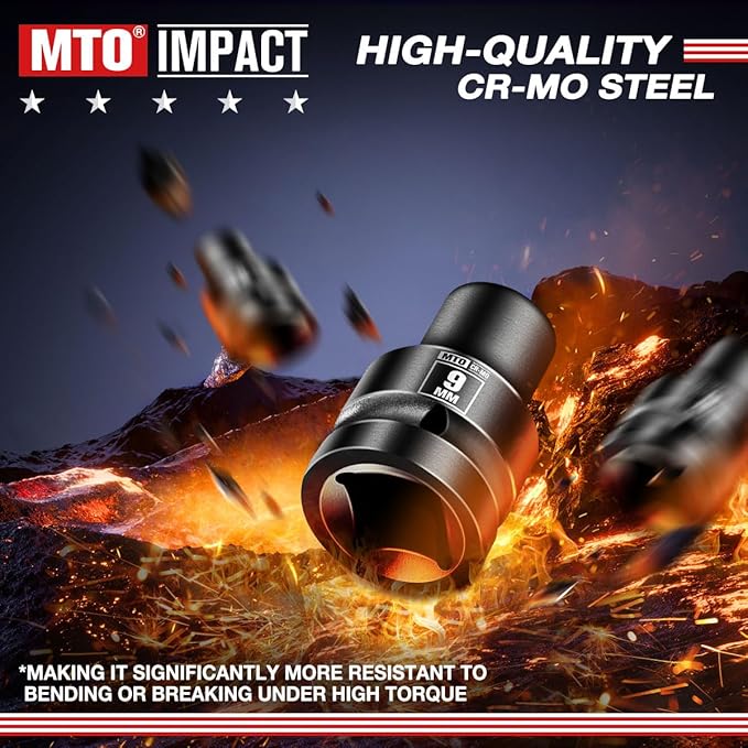 MTO 1/2" Drive 9mm Shallow Impact Socket, 6-Point Metric Socket, CR-MO Steel & Anti-Corrosion Coating for Tight Spaces and Heavy-Duty Tasks