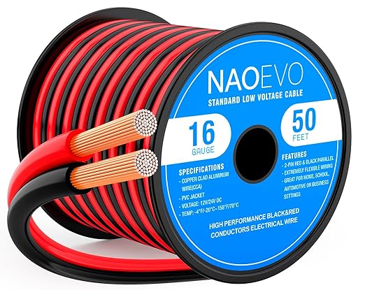 NAOEVO 16 Gauge Wire 50FT, 2 Conductors Electrical Wire Red Black Cable, Flexible/Low Voltage/PVC 16 AWG Copper Clad Aluminum Extension Cord for Speaker, LED Strips, Automotive 12V/24V DC