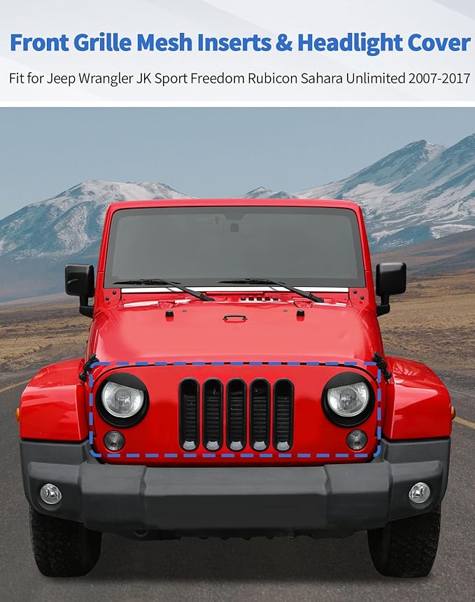 Front Grille Mesh Inserts & Angry Eye Headlight Cover for Jeep Wrangler JK Sport Freedom Rubicon Sahara Unlimited 2007-2017 Clip-in Grille Guard Headlight Bezels Trim Exterior Accessories