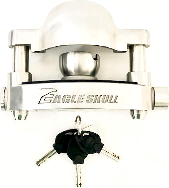 Alarmed stainless steel trailer coupler hitch lock loud alarms 120dB alarm travel camp ground camping horse shows boat marina dump trailers storage RV park locking cargo curt demco atwood stop thieves