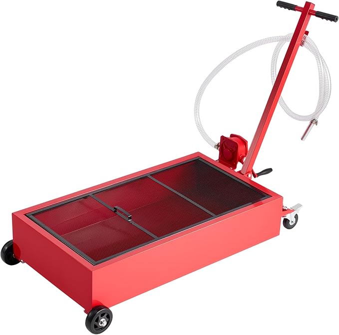 VEVOR Low Profile Oil Drain Pan, 20 Gallon Capacity, Rolling Oil Drain Pan with Manual Pump, 7.2 ft Hose & T Folding Handle, Leak-Proof & Corrosion-Resistant, Fit for Cars, SUVs, Trucks, ATVs, Red
