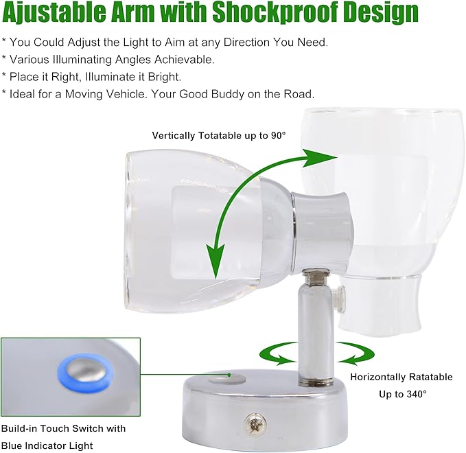 12 Volt LED Reading Light, Acrylic Rotatable Spotlight for RV Boat Camper Van Yacht Bedside Lamp with Touch Switch and Blue Circle Night Light, RV Wall Sconce Lights, Pack of 2