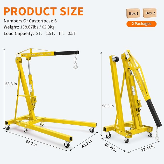 2-Ton Folding Engine Hoist Cherry Picker 4400 Lb Capacity Hydraulic Shop Crane with Telescoping Boom 6 Caster Wheels for Automotive Repair Garage Use Includes Hitch and Storage Stand Yellow