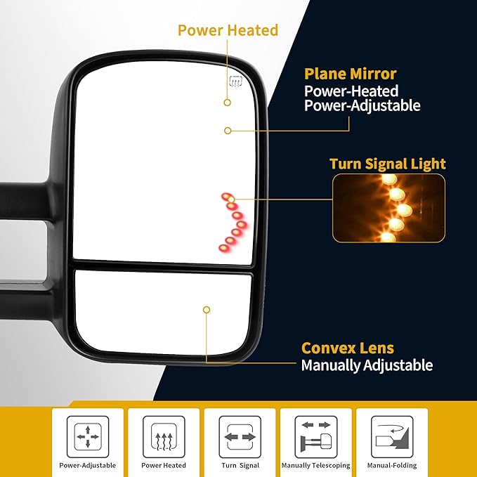 DWVO Power Heated Tow Mirrors for 2007-2014 Chevy Silverado GMC Sierra, Replacement Mirror Set with Turn Signal, Dual Glass, and Telescoping Design, Black