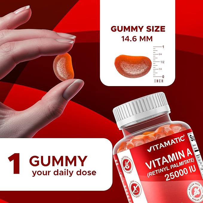 Vitamatic Sugar Free Vitamin A 25000 IU Gummies (Retinyl Palmitate) - Natural Strawberry Flavor - 120 Pectin Based Gummies (2 Bottles)