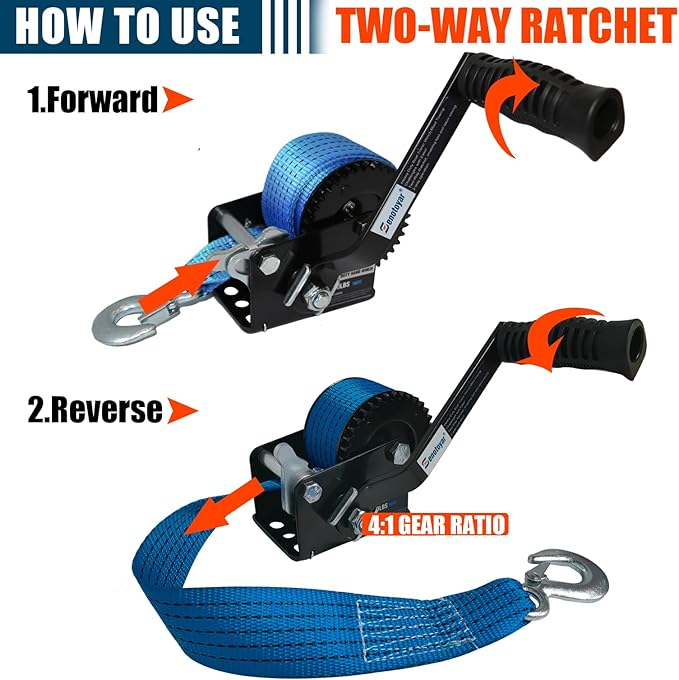 Heavy Duty Boat Trailer Winch,HandCrank Winch 1600lbs Capacity with 26FT Strap,2-Way Ratchet 4:1 Gear Switchable Hand Crank Winch for Boat,Trailer,Truck,RV,ATV and Jet Ski