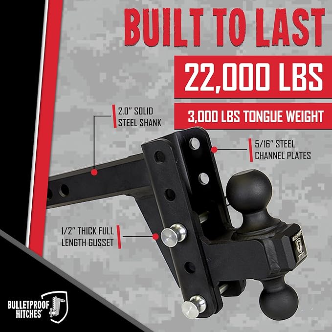 BulletProof Hitches - 2.0" Adjustable Heavy Duty Trailer Hitch (22,000 lb. Rating) - 4" Drop/Rise Trailer Hitch with 2" & 2-5/16" Dual Ball - Powder Coat, Solid Steel, Corrosion-Resistant