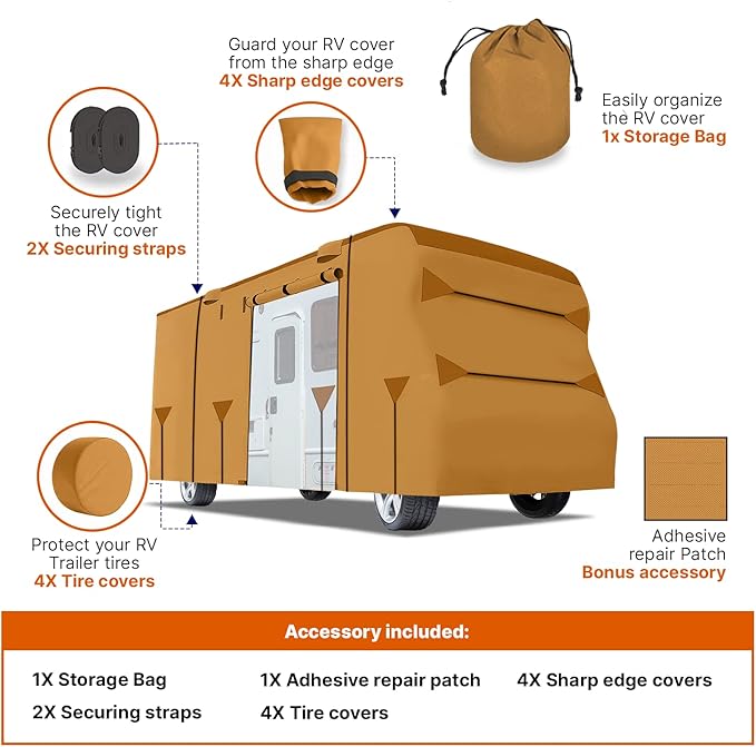 26-29 Ft Class C RV Cover Package Premium Heavy-Duty Waterproof Windproof Anti-UV Breathable Fabric Including 4 Tire Covers and 4 Sharp Edge Covers 2 Secure Straps