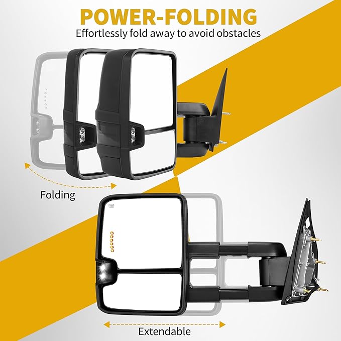 DWVO Tow Mirrors for 2014-2018 Chevy Silverado GMC Sierra 1500 2500HD 3500HD, Adjustable Foldable Side Mirrors with LED Turn Signals and Heated Power