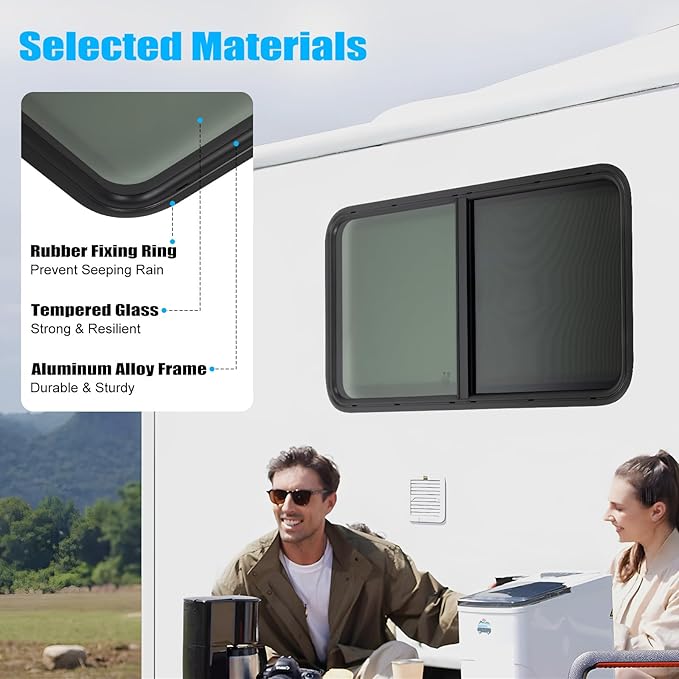 RV Window, Teardrop Horizontal Slide Black RV Window, RV Window Teardrop 42" W X 22" H Horizontal Sliding Window Camper Trailer Window Replacement W/Mounting Trim Ring