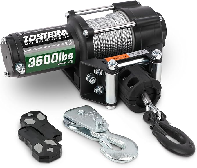 3500lbs ATV/UTV Winch Electric Boat Trailer Winch 12V, Waterproof Winch with Wire Rope, with 2 Wireless Remotes &Wired Switch,with Mounting Plate,Pulley,Rope Damper,Aluminium Fairlead