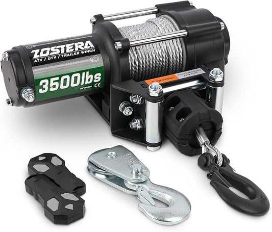 3500lbs ATV/UTV Winch Electric Boat Trailer Winch 12V, Waterproof Winch with Wire Rope, with 2 Wireless Remotes &Wired Switch,with Mounting Plate,Pulley,Rope Damper,Aluminium Fairlead