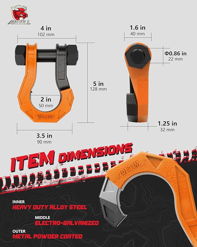 3/4" D Ring Separate Shackles, 52,910lbs Break Strength Easy Open Towing Winch Shackles, Heavy Duty Shackles with 7/8" Screw Pin for Tow Strap Winch Off Road Vehicle Recovery, BlackOrange