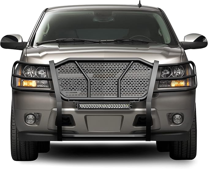 Black Horse RUGGED Heavy Duty Grille Brush Bumper Guard Modular Black Come With Single Row LED Light Compatible with 2007-2014 Tahoe|2007-2014 Suburban 1500|2007-2013 Avalanche-RU-CHTA07-B-K2
