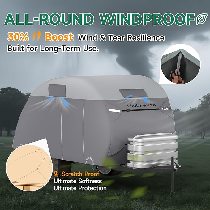 Umbrauto Teardrop Travel Trailer Cover Fits 5'-8' Trailers, 7 Layers Top Heavy Duty Waterproof Camper Cover with Windproof Strap for R-Pod Trailers, Clamshell Trailers
