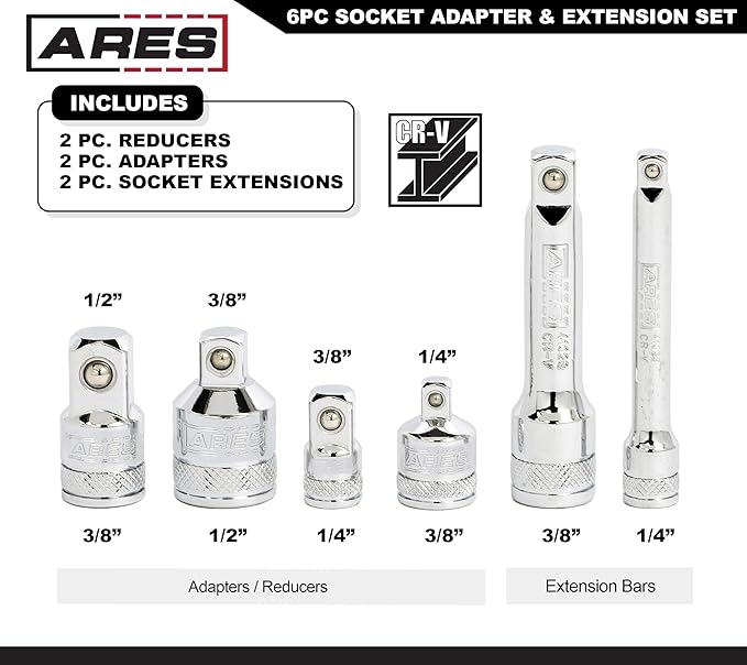 ARES 36016 – 6-Piece Socket Adapter and Extension Set – 1/4-Inch, 3/8-Inch, and 1/2-Inch Socket Adapters and Reducers – Includes 3-Inch Long Extensions for Superior Reach