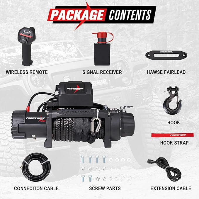 FieryRed 13000 lb Winch, 12V IP67 Waterproof Electric Trailer Winch with Synthetic Rope, 2in1 Wireless Remote Control, Hawse Fairlead for Off Road Vehicle Towing Jeep Truck