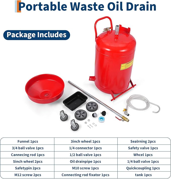 20 Gallon Waste Oil Drain Tank Portable Air Operated Oil Drainer with Adjustable Funnel Height 38 to 65 Inches 15 Inch Funnel Fluid Fuel Transfer Drain Container with 360 Degree Wheels and Toolbox Red