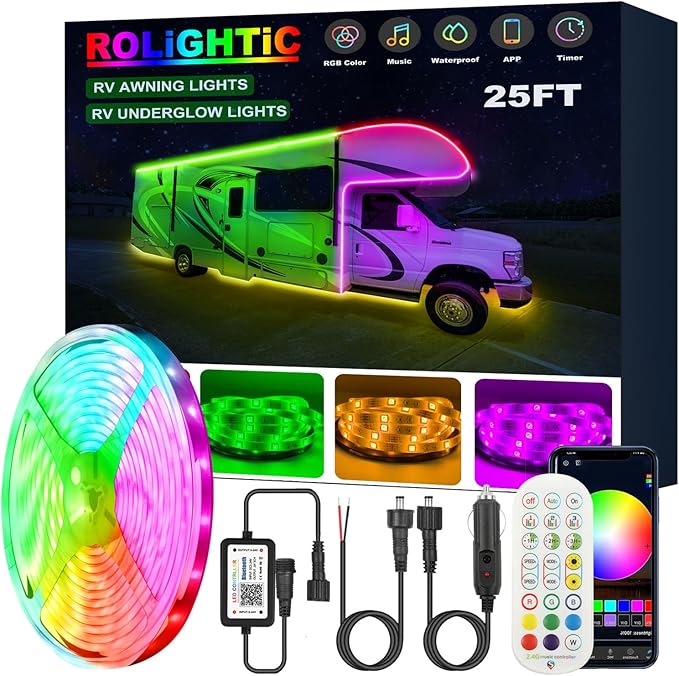 25FT RV Awning Lights Strip, 12V Multi-Color RV Underglow Led Lights, Camper Underbody Accent Lighting with APP RF Control for Motorhome Travel Trailer Concession Stands Food Trucks