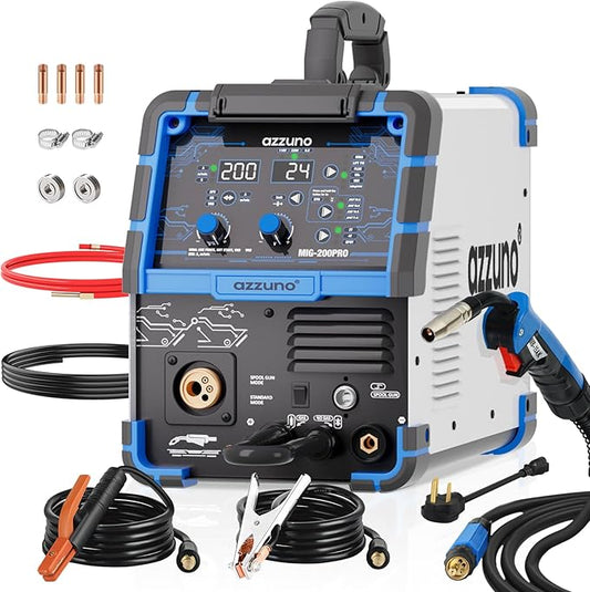 AZZUNO MIG Welder 110V/220V, 200A 8 in 1 Welder Machine Flux Core MIG/Gas MIG/MAG/Aluminum MIG/Spot MIG/Lift TIG/Stick Welding/Spool Gun Compatible, Multiprocess Welding Machine