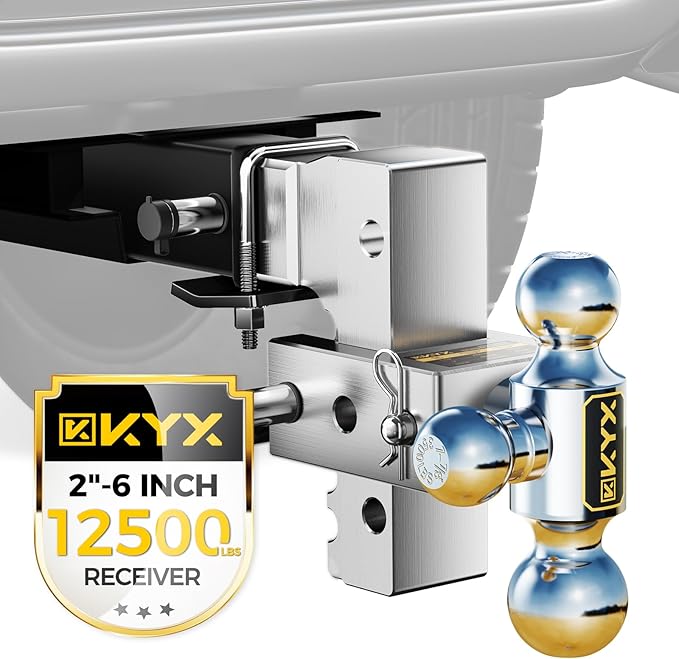 KYX Adjustable Trailer Hitch, 6 in Rise Drop Hitch Fits 2 Inch Receiver, 12500 LBS GTW, Tri-Ball Aluminum Truck Tow Hitch(1-7/8 & 2 & 2-5/16), Rustproof and Noise Reduction Design for RVs and Trailers