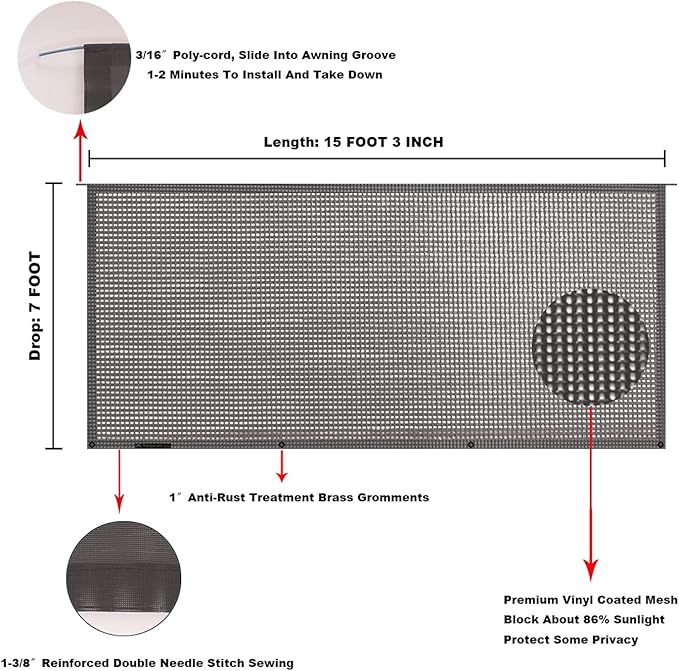 Tentproinc RV Awning Sun Shade Screen 7' X 15' 3'' (Fit for 16' Awning) Mesh Sunshade for RV Awning Sunscreen Motorhome Camping Trailer Awning Screenshade Block UV Glare - 3 Year Warranty (Brown)