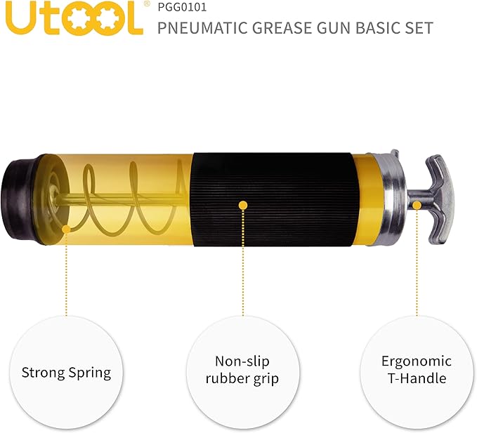 UTOOL Pneumatic Grease Gun, 6000 PSI Air Operated Grease Gun Kit, 14 oz Capacity, 18 Inch Resin Flex Hose, 1 Extension Bend Pipe, 1 Sharp Type Nozzle, 1 Basic Coupler, 1 Zerk Cleaner