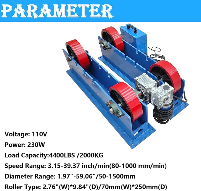 Adjustable Welding Tank Turning Rolls Dia 1.97"-59.06"/50-1500mm Tank Turning Rolls Linkage Roller Load Capacity 4400LBS for Welding Equipment Support 110V 230W