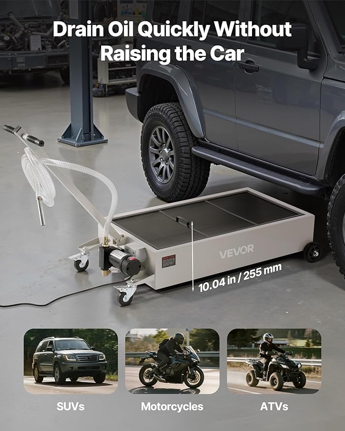 VEVOR Low Profile Oil Drain Pan, 20 Gallon Capacity, Rolling Oil Drain Pan with Electric Pump, 7.2 ft Hose & T Folding Handle, Leak-proof & Corrosion-resistant, Fit for Cars, SUVs, Trucks, ATVs, White