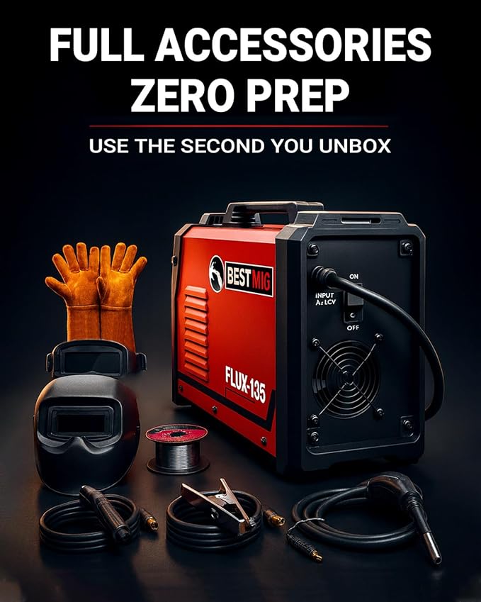 BESTMIG 135A MIG Welder - 3-in-1 Flux Core Welder, MIG/Lift TIG/Stick Welding Machine - Portable IGBT Inverter - 110V with Welder Helmet and Gloves (Red Black, MIG 135A Welder)