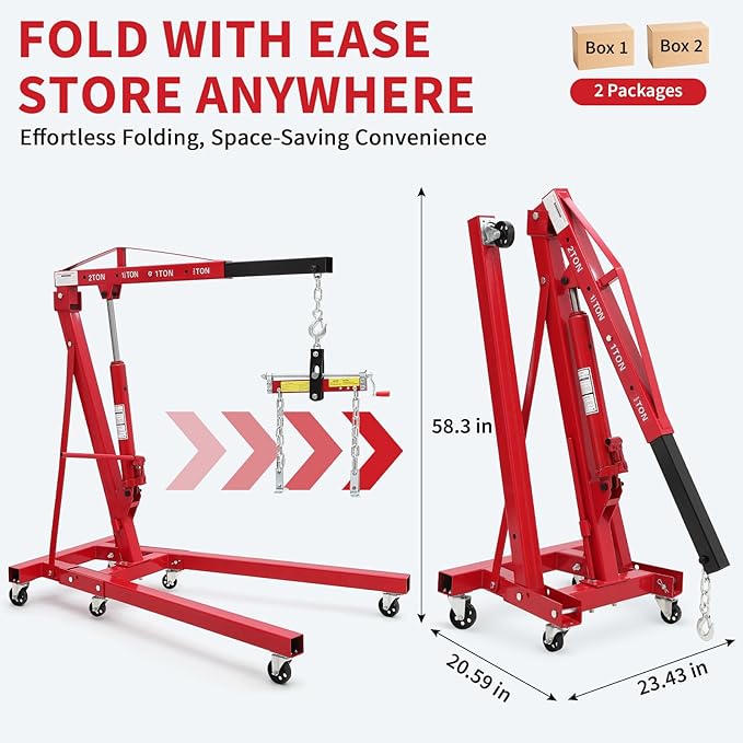 2 Ton Folding Hydraulic Engine Hoist with Load Leveler 4400 LBS Capacity Heavy Duty Cherry Picker 6 Swivel Wheels&Hydraulic Pump Adjustable Boom (0.5T-2T) for Garage Workshop Warehouse Red