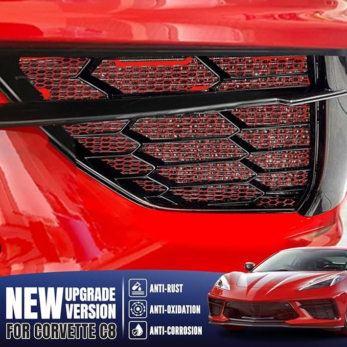 2Pcs Red Upgraded Front Radiator Guards Grille,Aluminum Front Outer Grill Low Profile Body Bumper Grille Vents Insert Mesh Set for Corvette C8 Stingray Z51 Convertible/HTC 2020-2025