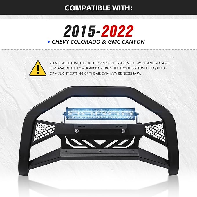 Bull Bar with LED Light Bar & License Plate Frame Compatible for 2015-2022 Chevy Colorado & GMC Canyon Front Grill Guard Grille, Truck Brush Guard, Bumper Push (Include Skid Plate & Light Mount)