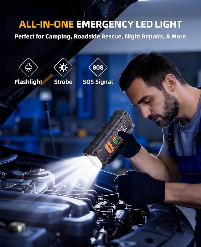 Battery Jumper Starter Portable, Jump Starter with Air Compressor-4000A 12V (7.0L Gas/ 6.0L Diesel) with 160PSI Tire Inflator, 10000mAh Jump Box Car Battery Jump Starter, Jumper Cables, LED Light