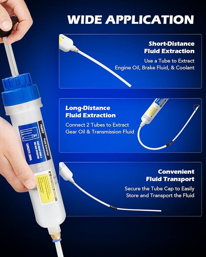 Orion Motor Tech Oil Extractor Pump, 200mL Manual Fluid Extractor for Power Steering Transmission Gear Oil & Brake Fluid Transfers, Auto Syringe Pump for ATV Boat Automotive with Flexible Hoses, Blue