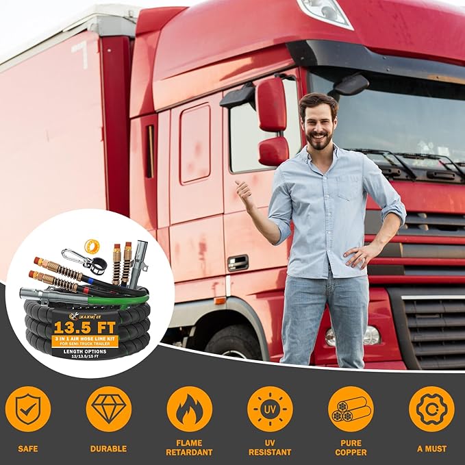 13.5 FT Semi Truck Air Lines Kit 3IN1 Trailer Cord and Air Brake Hoses Assembly Without Rubber Gladhand Handles for Semi Truck Trailer Tractor