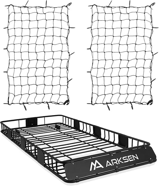 ARKSEN 84 x 39 x 6 Inch Universal 150LB Heavy Duty Roof Rack Cargo with Two Cargo Nets, Car Top Luggage Holder Carrier Basket with Extension for SUV, Truck, & Car Steel Construction