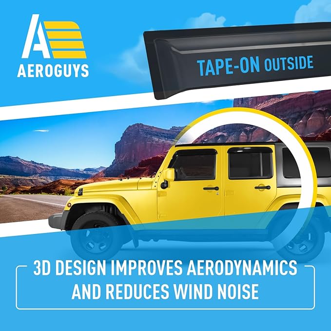 Extra Durable Window Deflectors Tape-On Window Visors Rain Guards Fit for Jeep Wrangler JK 2007-2018, Sun Visors, Wind Vent for Shades, Exterior Car Accessories - 4pcs. AG0083