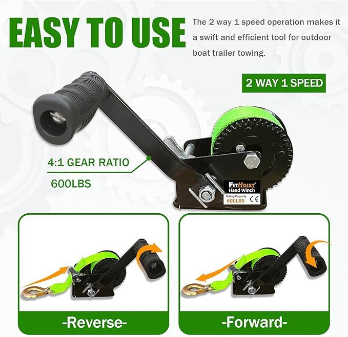 600lbs Boat Trailer Winch with 19.6FT Nylon Strap, 2-Way Ratchet & 3.2:1 Gear Hand Winch, Manual Operated Hand Crank Winch for Trailer, Boat or ATV