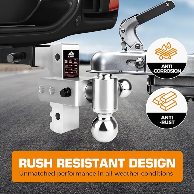 Kingfun Adjustable Trailer Hitch - Fits 2 Inch Receiver, Tri-Ball (1-7/8" X 2" X 2-5/16") 6-Inch Rise/Drop Hitch, 12500 Lbs Gtw Heavy Duty Aluminum Truck Tow Hitch with Anti-Theft Pin (Silver)