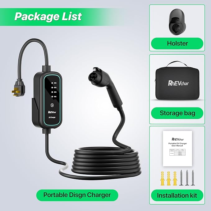 40A Level 2 EV Charger Portable J1772 Adjustable Amps 240V Mobile Electric Car Chargers with NEMA 14-50 Plug, 25FT Cable, Wall Mount Holster, Travel Storage Bag Included