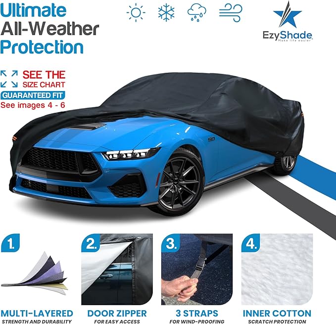 EzyShade 10-Layer Waterproof Sports Car Cover. See Vehicle Size-Chart for Accurate Fit. All Weather Outdoor Covers. Thunderbird Impala Grand Fury. Sun Snow Wind Rain. Black, Size C7 (See SizeChart)