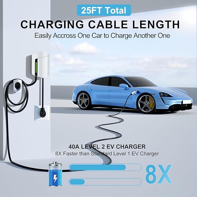 QPQ Level 2 EV Charger, 40Amp 240V Hardwired EV Fast Charge Station, Wall Charger Electric Vehicle Charging Stations with NEMA 14-50 25FT Cable FCC/UL/ROHS for J1772 EV Charger for Home