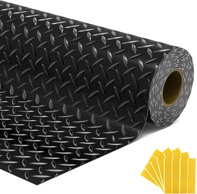 7.5x20 FT Garage Floor Mat, Flooring Roll with 20Pcs Tapes, 150 sqft Diamond Plate PVC Rubber Trailer Mat, Non-Slip Floor Mat for Garage, Warehouse, Gyms, Trailer, Pickup Truck (Black)