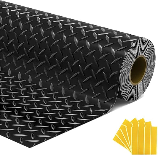7.5x20 FT Garage Floor Mat, Flooring Roll with 20Pcs Tapes, 150 sqft Diamond Plate PVC Rubber Trailer Mat, Non-Slip Floor Mat for Garage, Warehouse, Gyms, Trailer, Pickup Truck (Black)